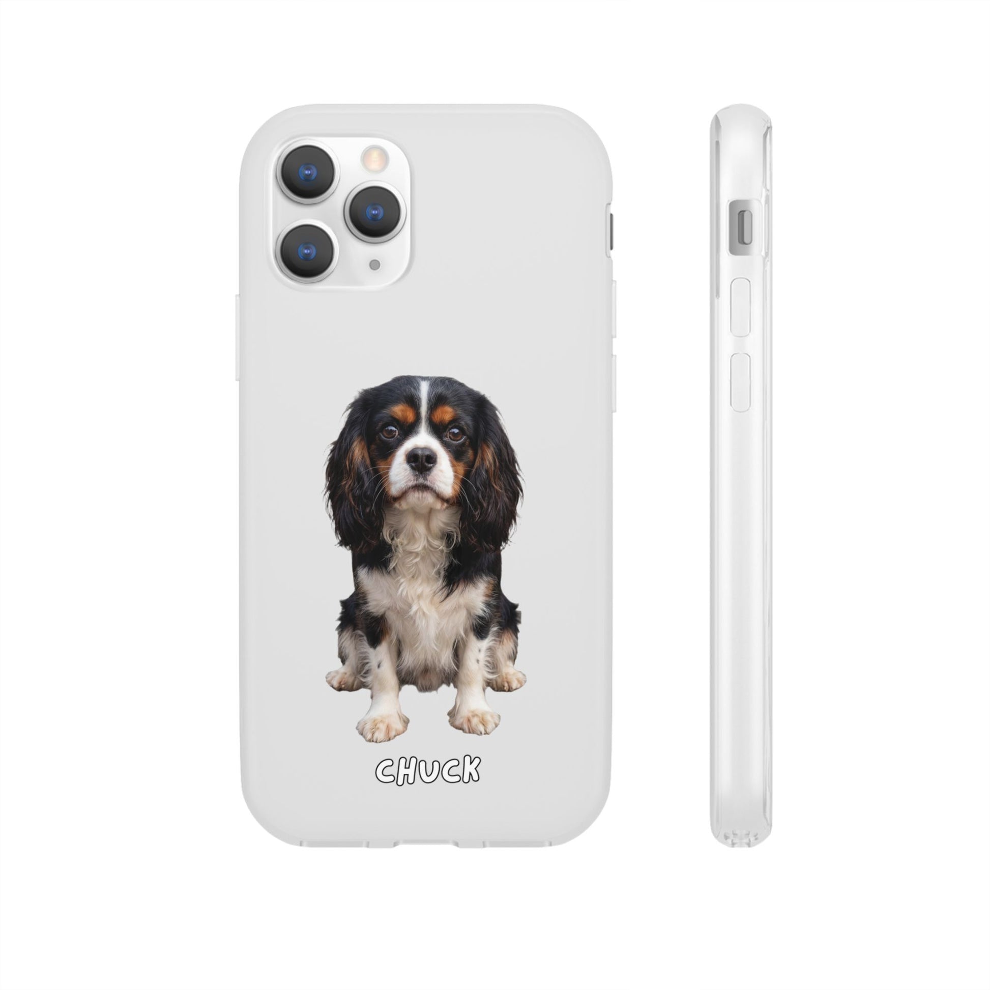 Phone case for iPhone 11 Pro with a dog illustration and name 'Chuck.' We design unique scenes for you and your non-human family.