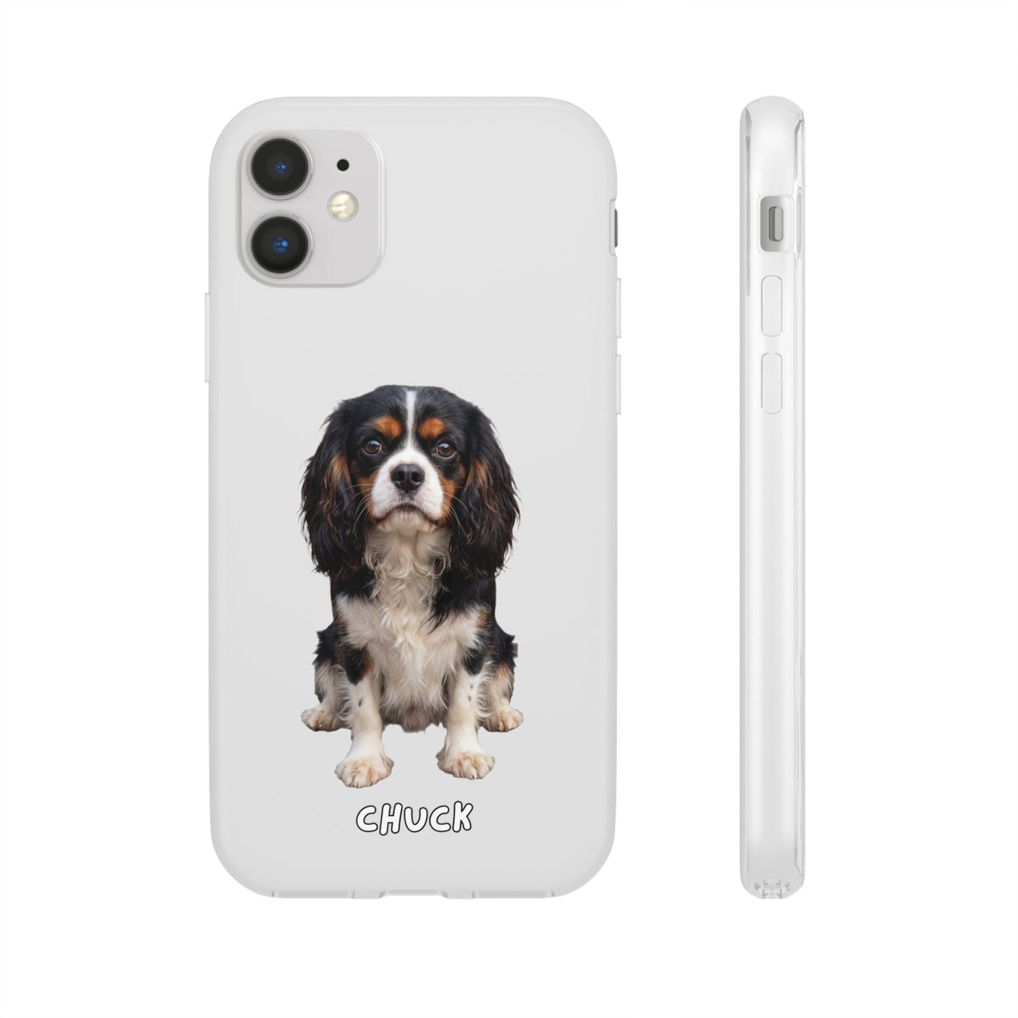 Phone case for iPhone 11 with a dog illustration and name 'Chuck.' We design unique scenes for you and your non-human family.