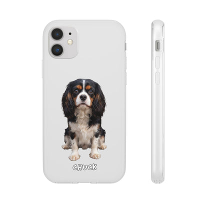 Phone case for iPhone 11 with a dog illustration and name 'Chuck.' We design unique scenes for you and your non-human family.