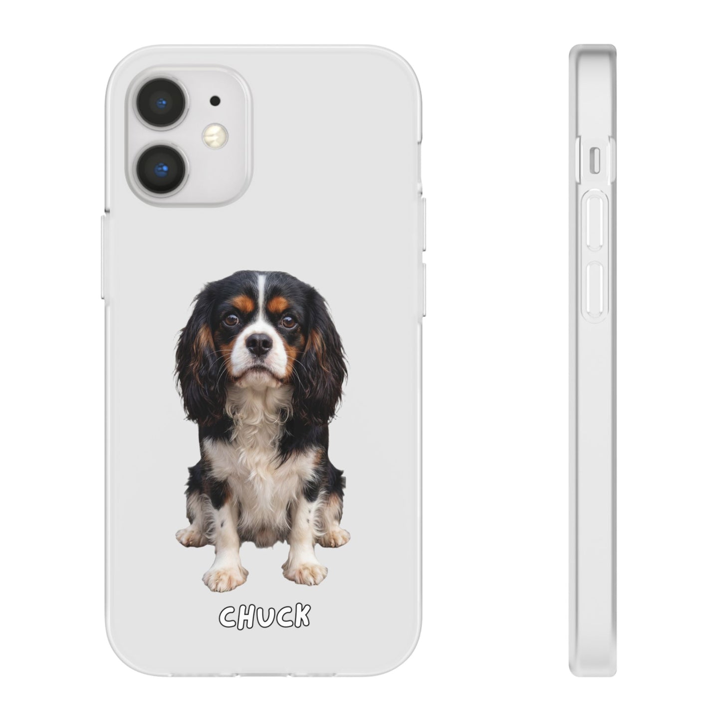 Phone case for iPhone 12 Mini with a dog illustration and name 'Chuck.' We design unique scenes for you and your non-human family.
