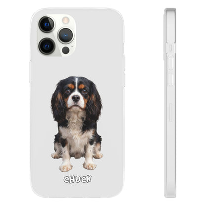 Phone case for iPhone 12 Pro Max with a dog illustration and name 'Chuck.' We design unique scenes for you and your non-human family.