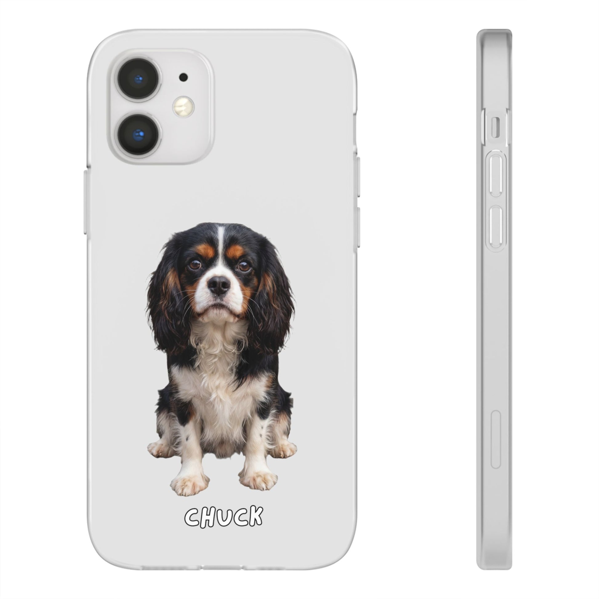 Phone case for iPhone 12 with a dog illustration and name 'Chuck.' We design unique scenes for you and your non-human family.