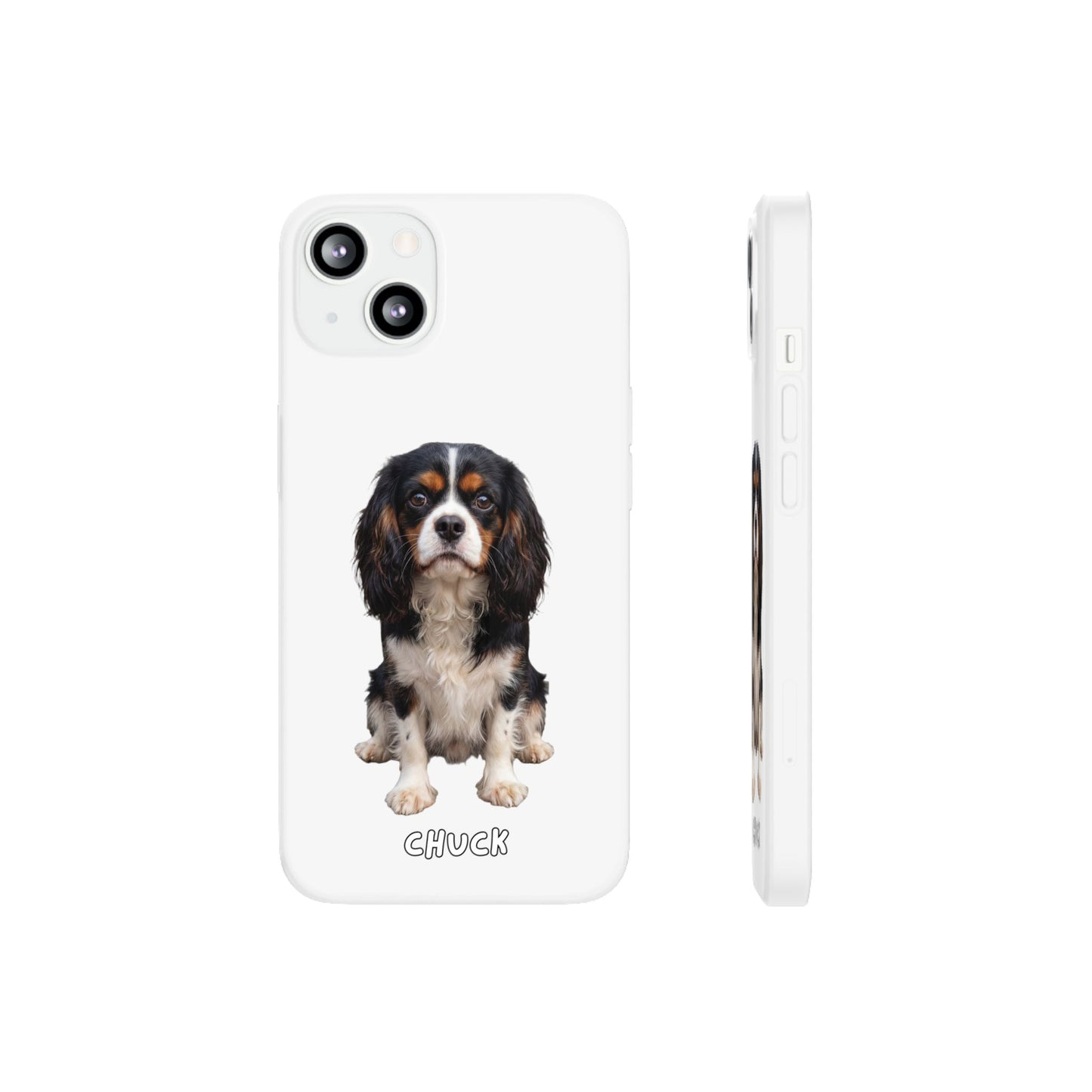 Phone case for iPhone 13 Mini with a dog illustration and name 'Chuck.' We design unique scenes for you and your non-human family.