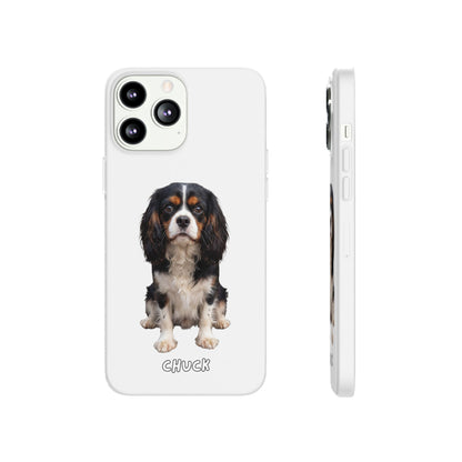 Phone case for iPhone 13 Pro Max with a dog illustration and name 'Chuck.' We design unique scenes for you and your non-human family.