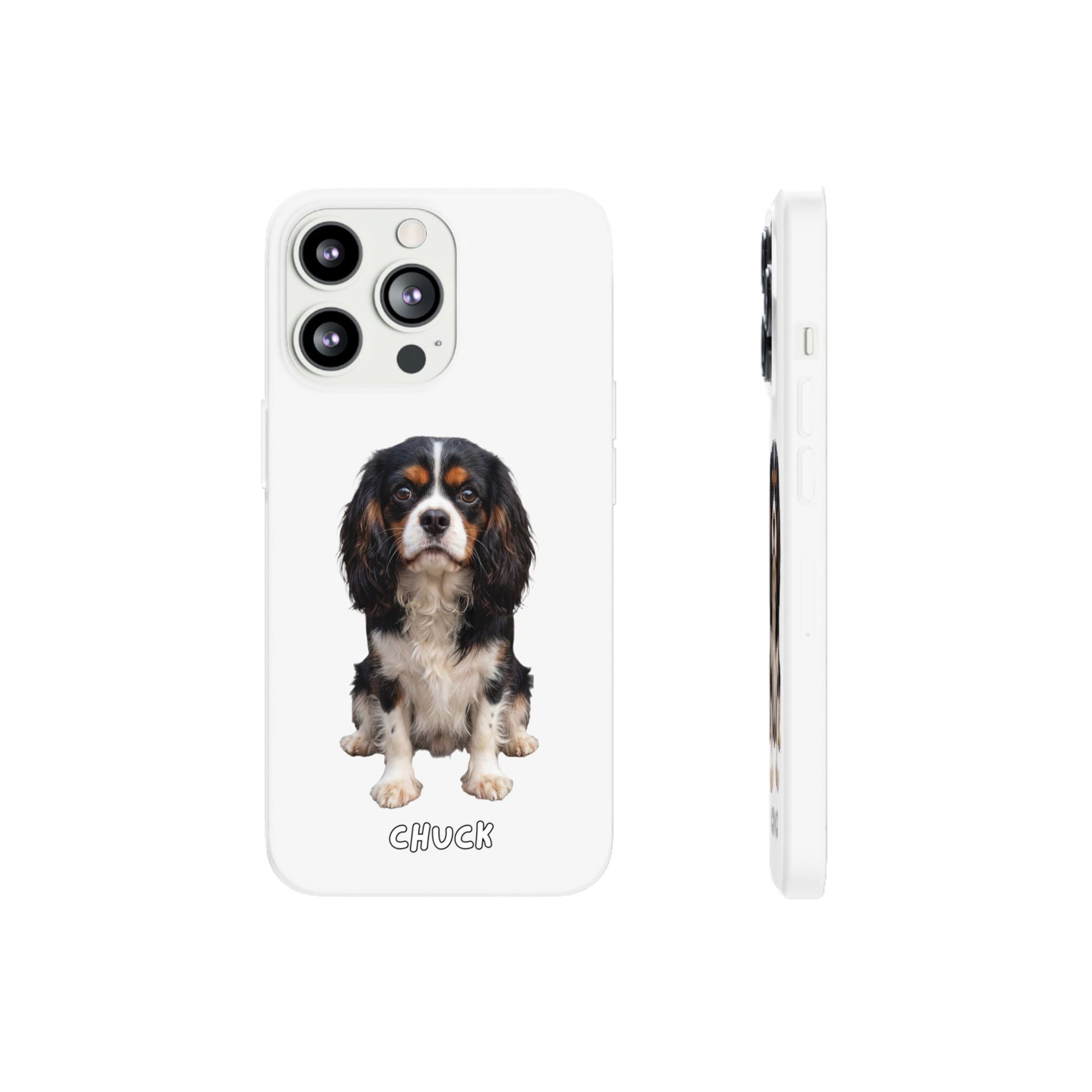 Phone case for iPhone 13 Pro with a dog illustration and name 'Chuck.' We design unique scenes for you and your non-human family.