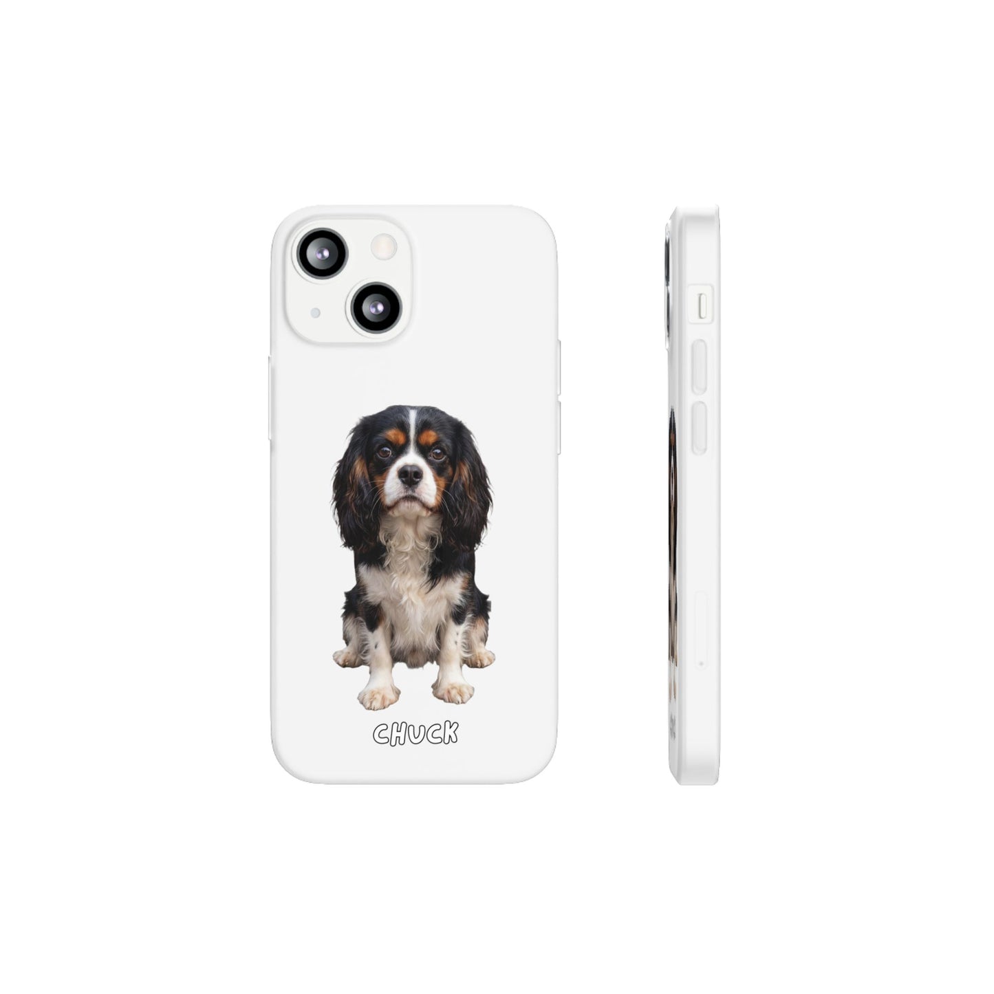 Phone case for iPhone 13 Pro with a dog illustration and name 'Chuck.' We design unique scenes for you and your non-human family.