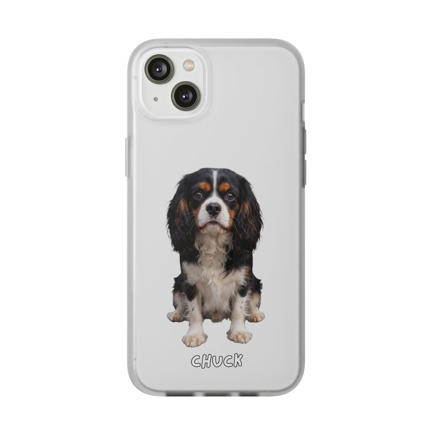 Phone case for iPhone 14 Plus with a dog illustration and name 'Chuck.' We design unique scenes for you and your non-human family.