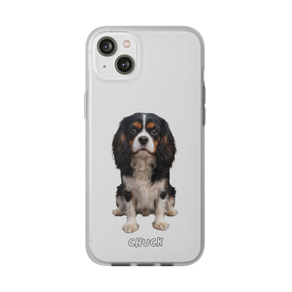 Phone case for iPhone 14 Plus with a dog illustration and name 'Chuck.' We design unique scenes for you and your non-human family.