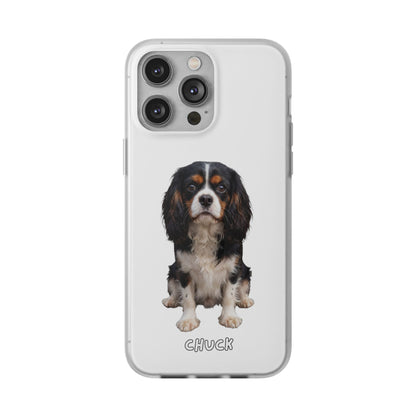 Phone case for iPhone 14 Pro Max with a dog illustration and name 'Chuck.' We design unique scenes for you and your non-human family.