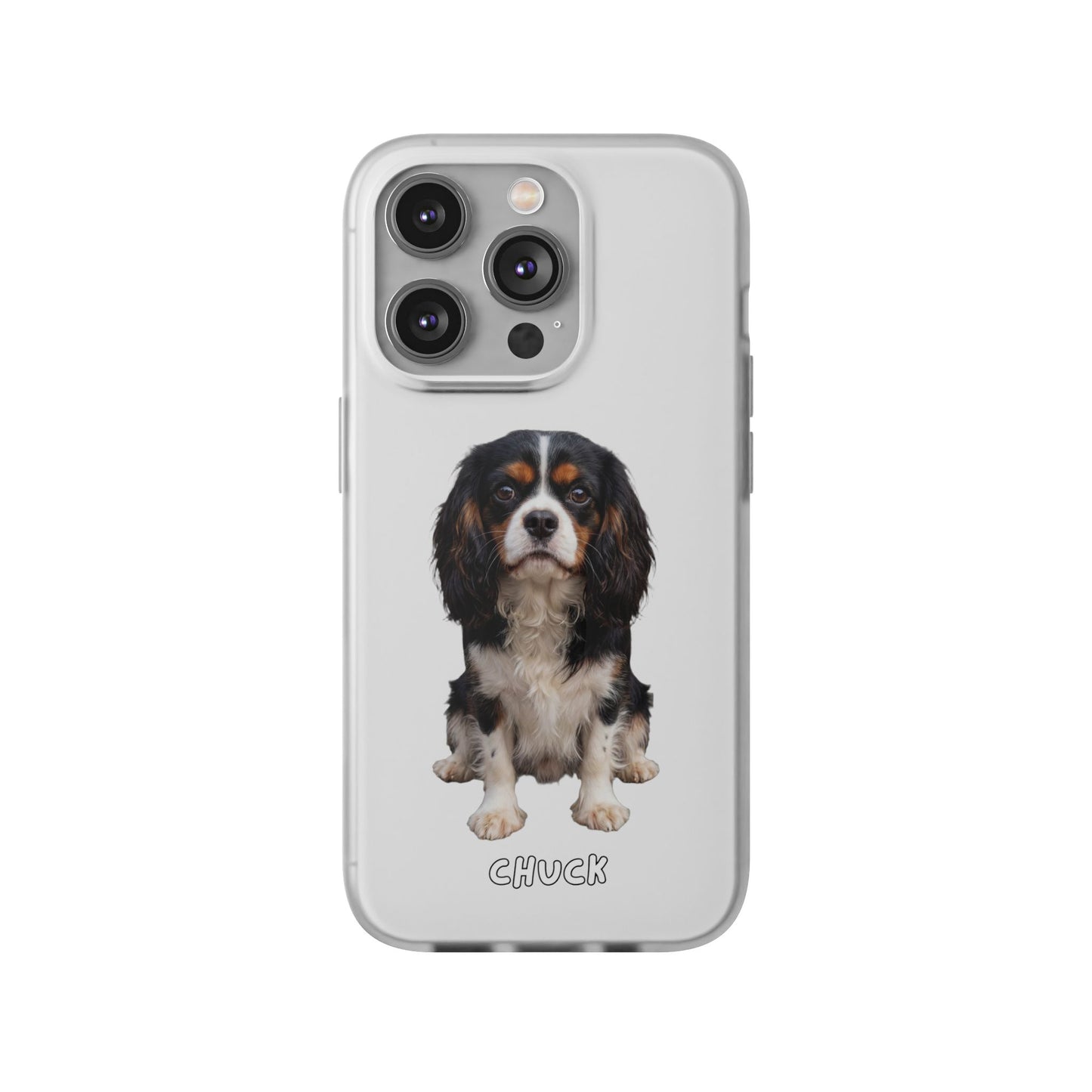 Phone case for iPhone 14 Pro with a dog illustration and name 'Chuck.' We design unique scenes for you and your non-human family.