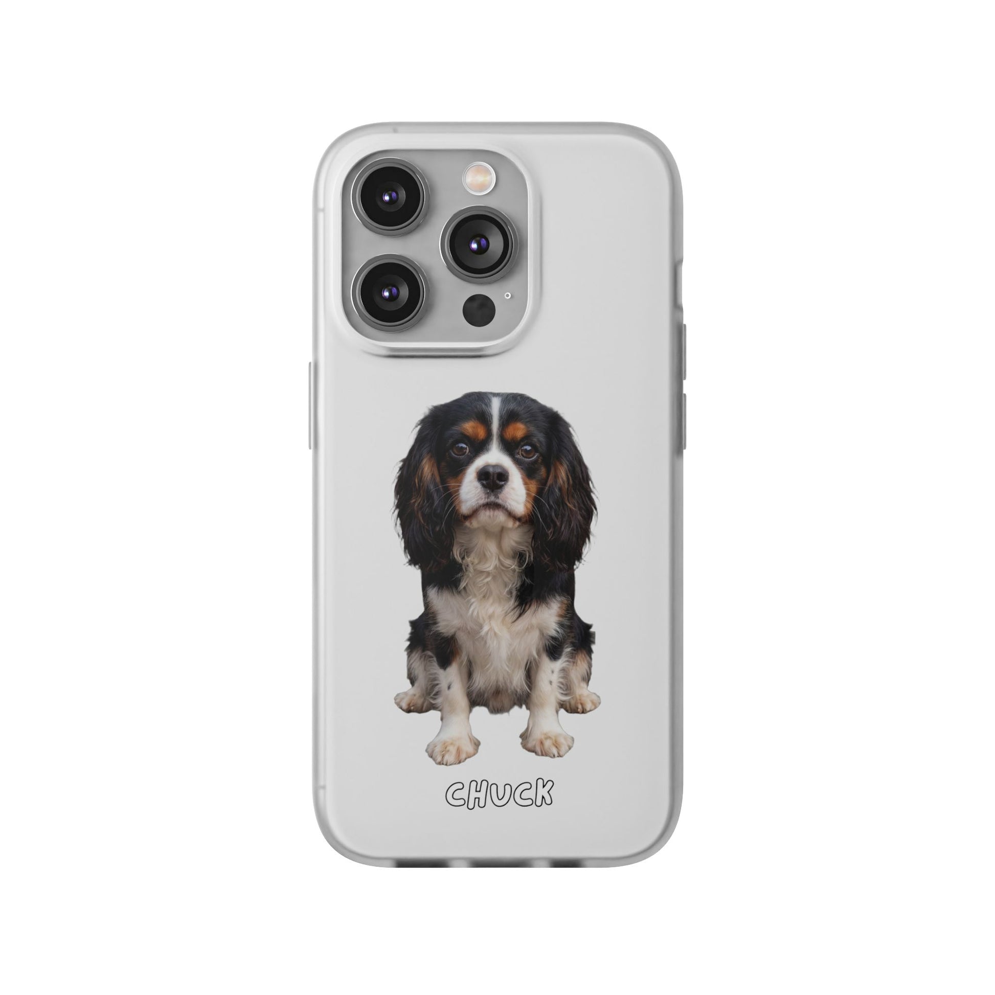 Phone case for iPhone 14 Pro with a dog illustration and name 'Chuck.' We design unique scenes for you and your non-human family.