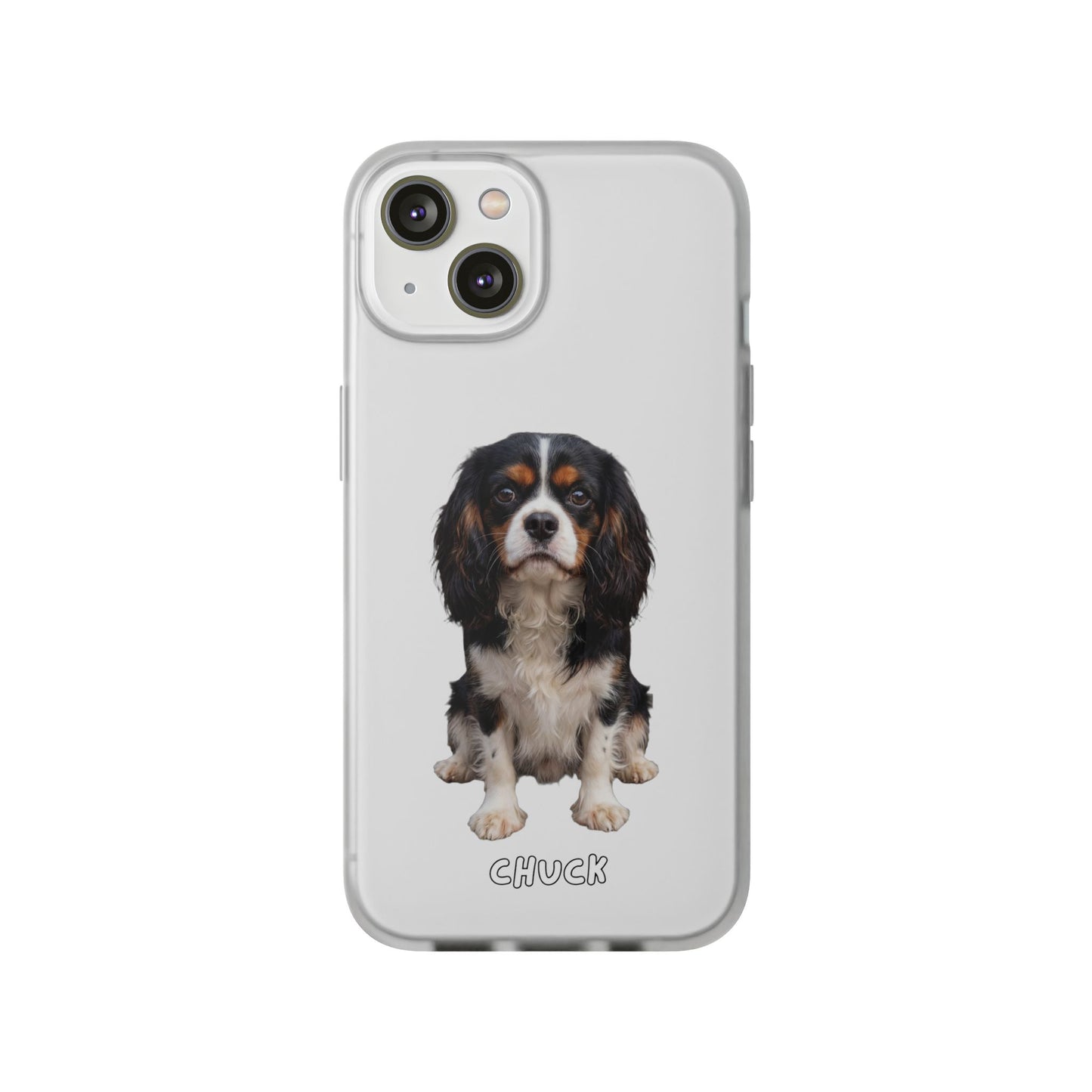 Phone case for iPhone 14 with a dog illustration and name 'Chuck.' We design unique scenes for you and your non-human family.