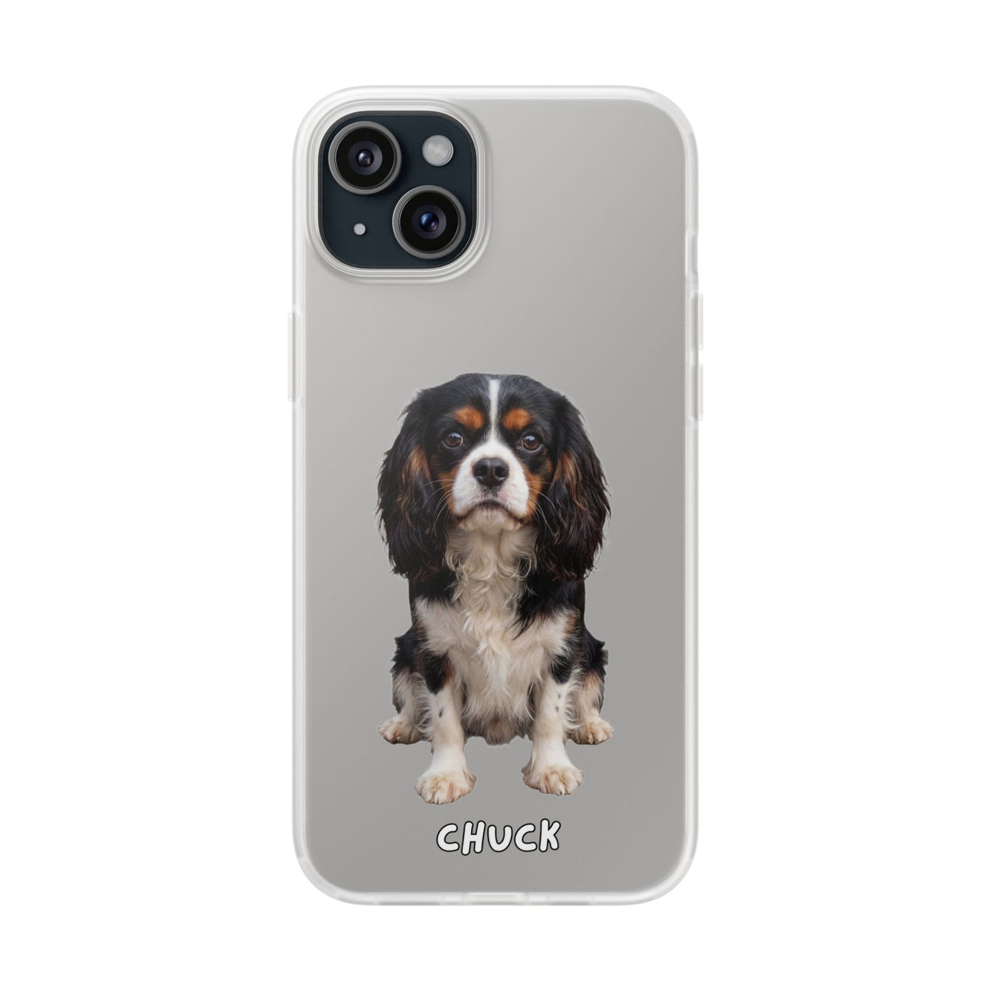 Phone case for iPhone 15 Plus with a dog illustration and name 'Chuck.' We design unique scenes for you and your non-human family.