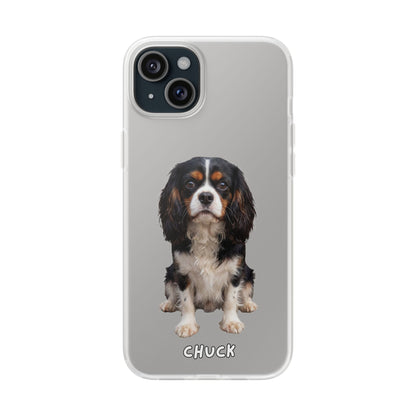 Phone case for iPhone 15 Plus with a dog illustration and name 'Chuck.' We design unique scenes for you and your non-human family.