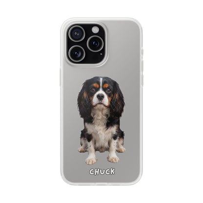 Phone case for iPhone 15 Pro Max with a dog illustration and name 'Chuck.' We design unique scenes for you and your non-human family.