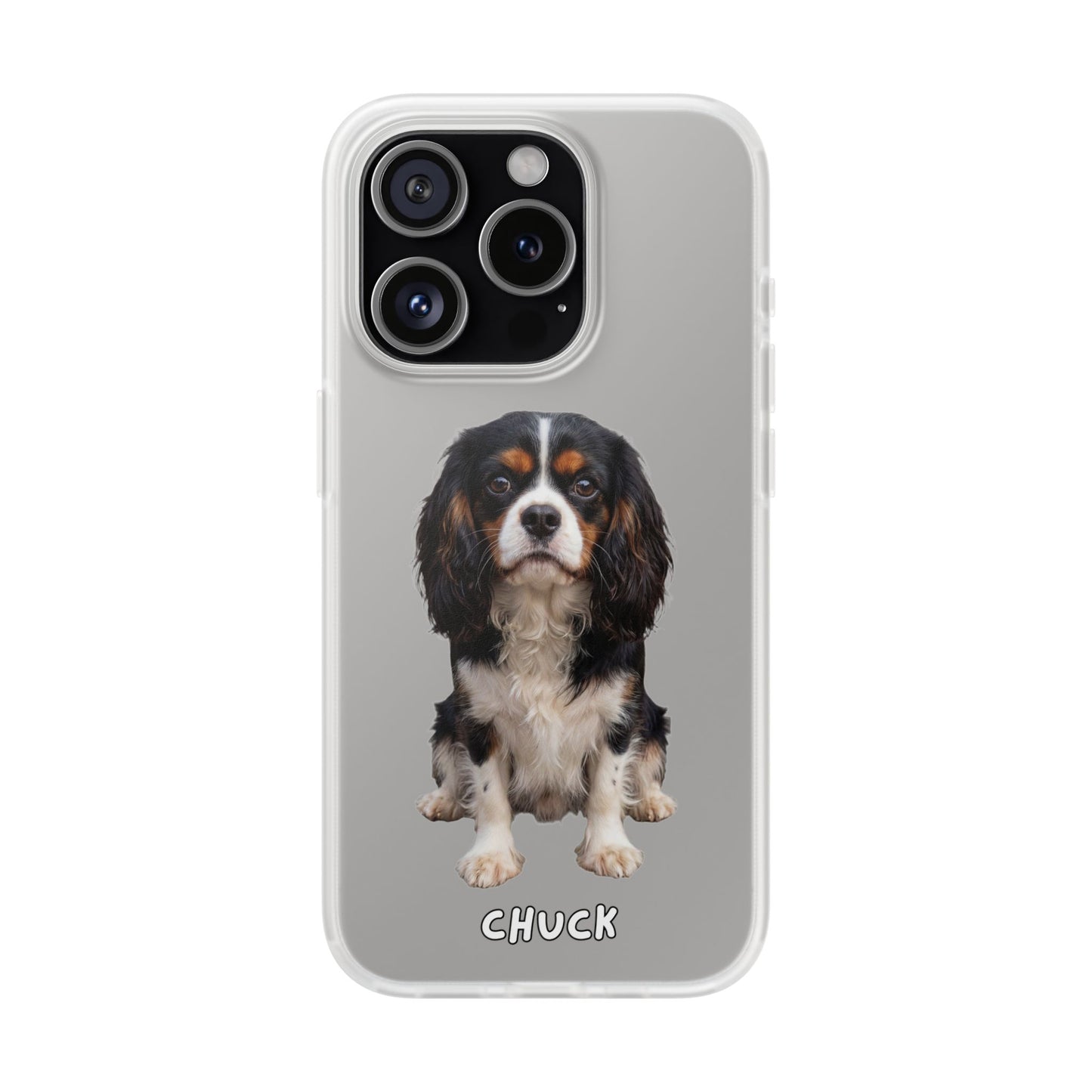 Phone case for iPhone 15 Pro with a dog illustration and name 'Chuck.' We design unique scenes for you and your non-human family.
