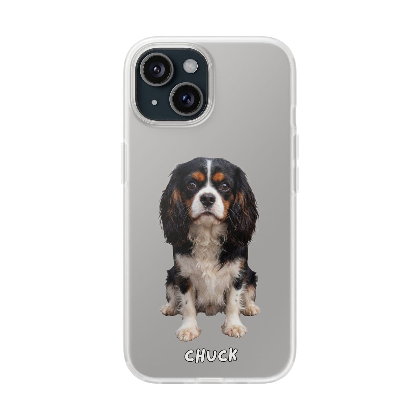 Phone case for iPhone 15 with a dog illustration and name 'Chuck.' We design unique scenes for you and your non-human family.
