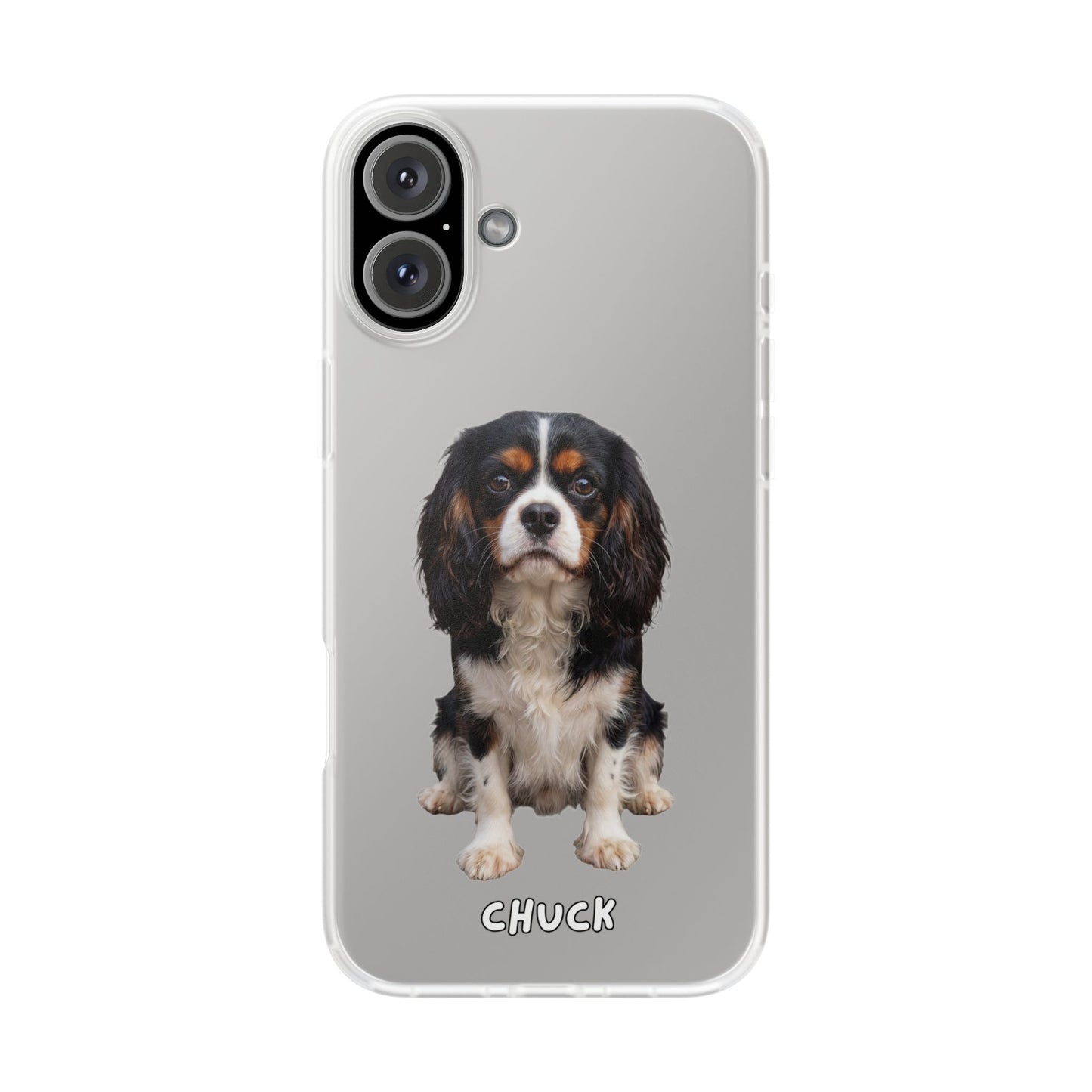 Phone case for iPhone 16 Plus with a dog illustration and name 'Chuck.' We design unique scenes for you and your non-human family.