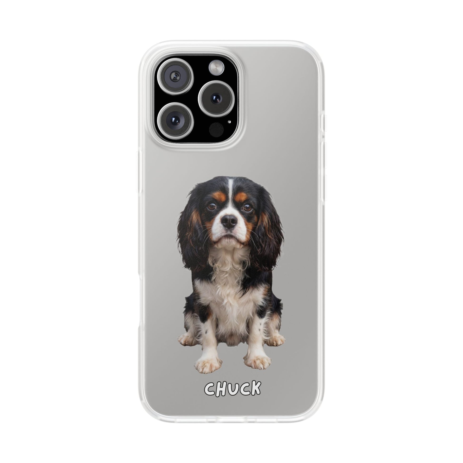 Phone case for iPhone 16 Pro Max with a dog illustration and name 'Chuck.' We design unique scenes for you and your non-human family.