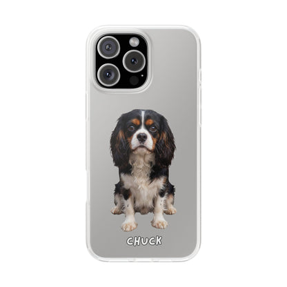 Phone case for iPhone 16 Pro Max with a dog illustration and name 'Chuck.' We design unique scenes for you and your non-human family.