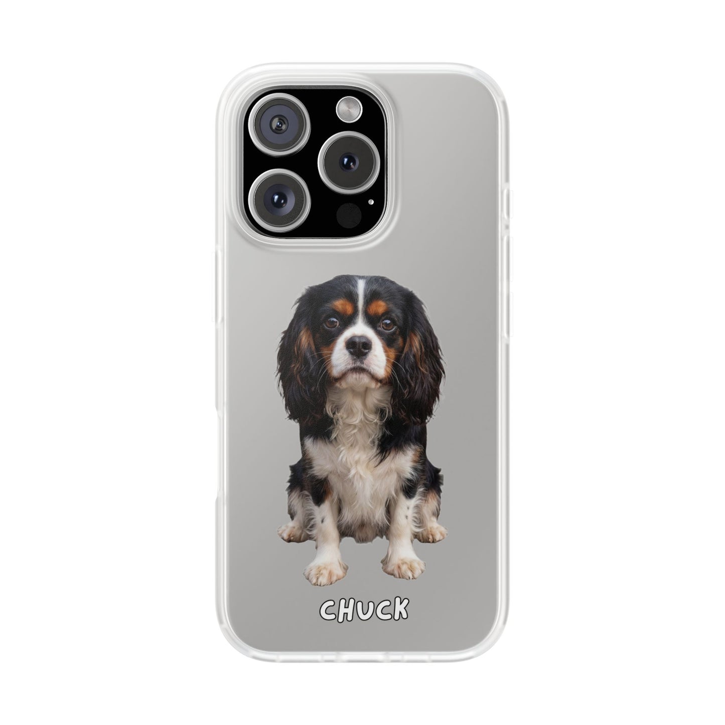 Phone case for iPhone 16 Pro with a dog illustration and name 'Chuck.' We design unique scenes for you and your non-human family.