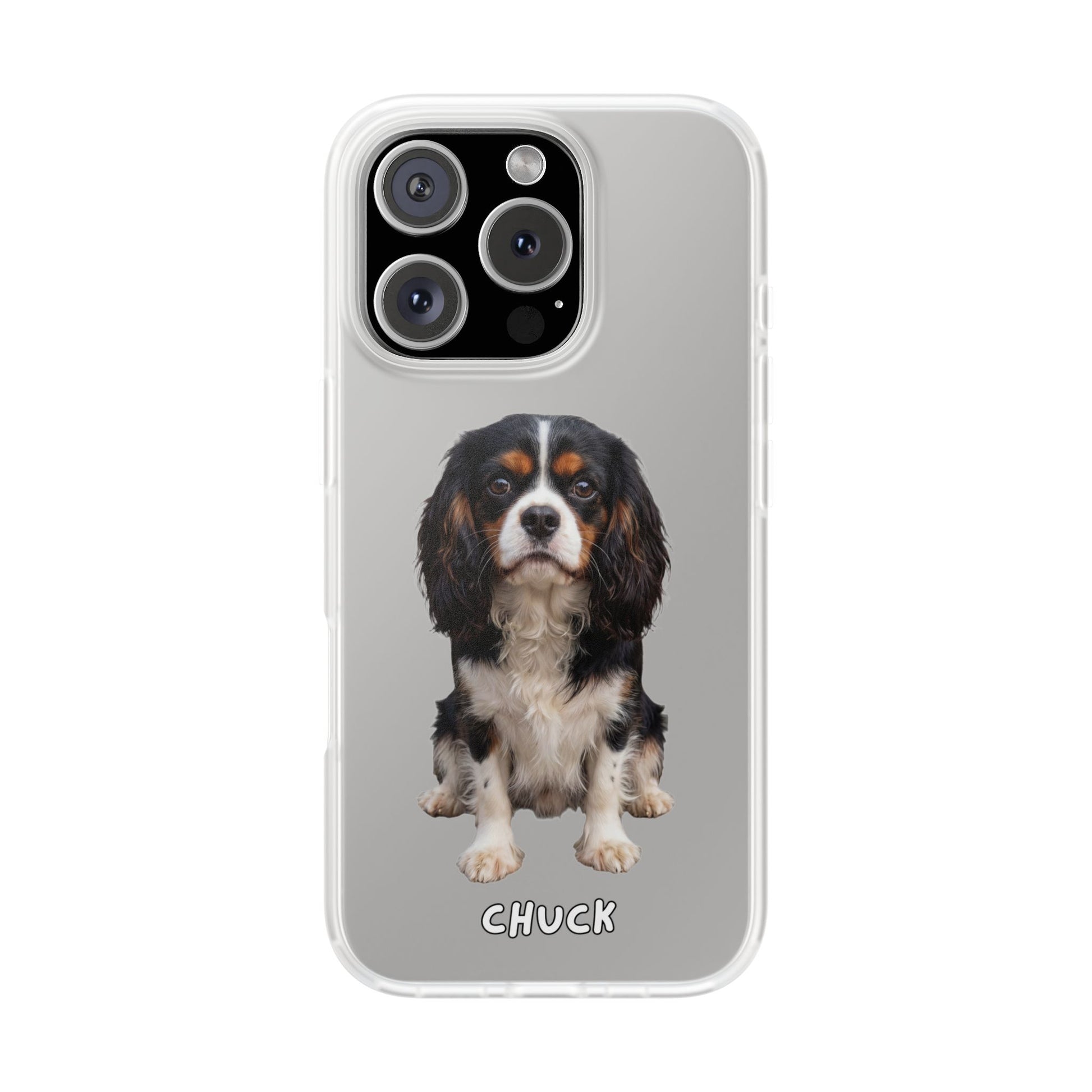 Phone case for iPhone 16 Pro with a dog illustration and name 'Chuck.' We design unique scenes for you and your non-human family.