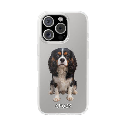 Phone case for iPhone 16 Pro with a dog illustration and name 'Chuck.' We design unique scenes for you and your non-human family.