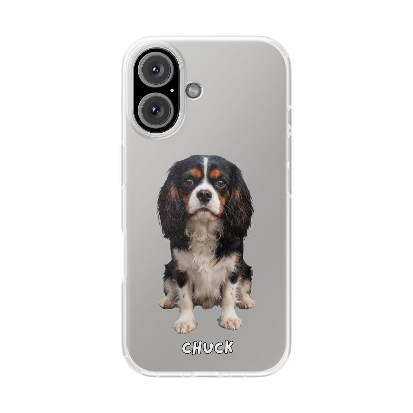 Phone case for iPhone 16 with a dog illustration and name 'Chuck.' We design unique scenes for you and your non-human family.