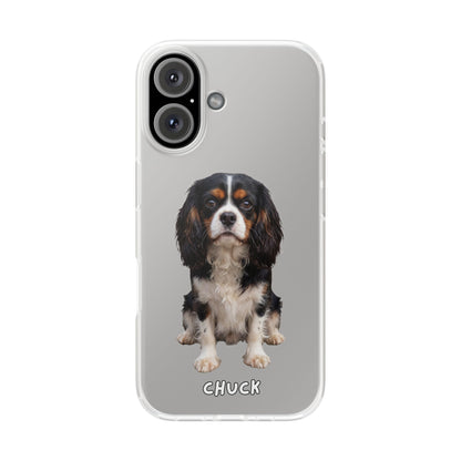 Phone case for iPhone 16 with a dog illustration and name 'Chuck.' We design unique scenes for you and your non-human family.