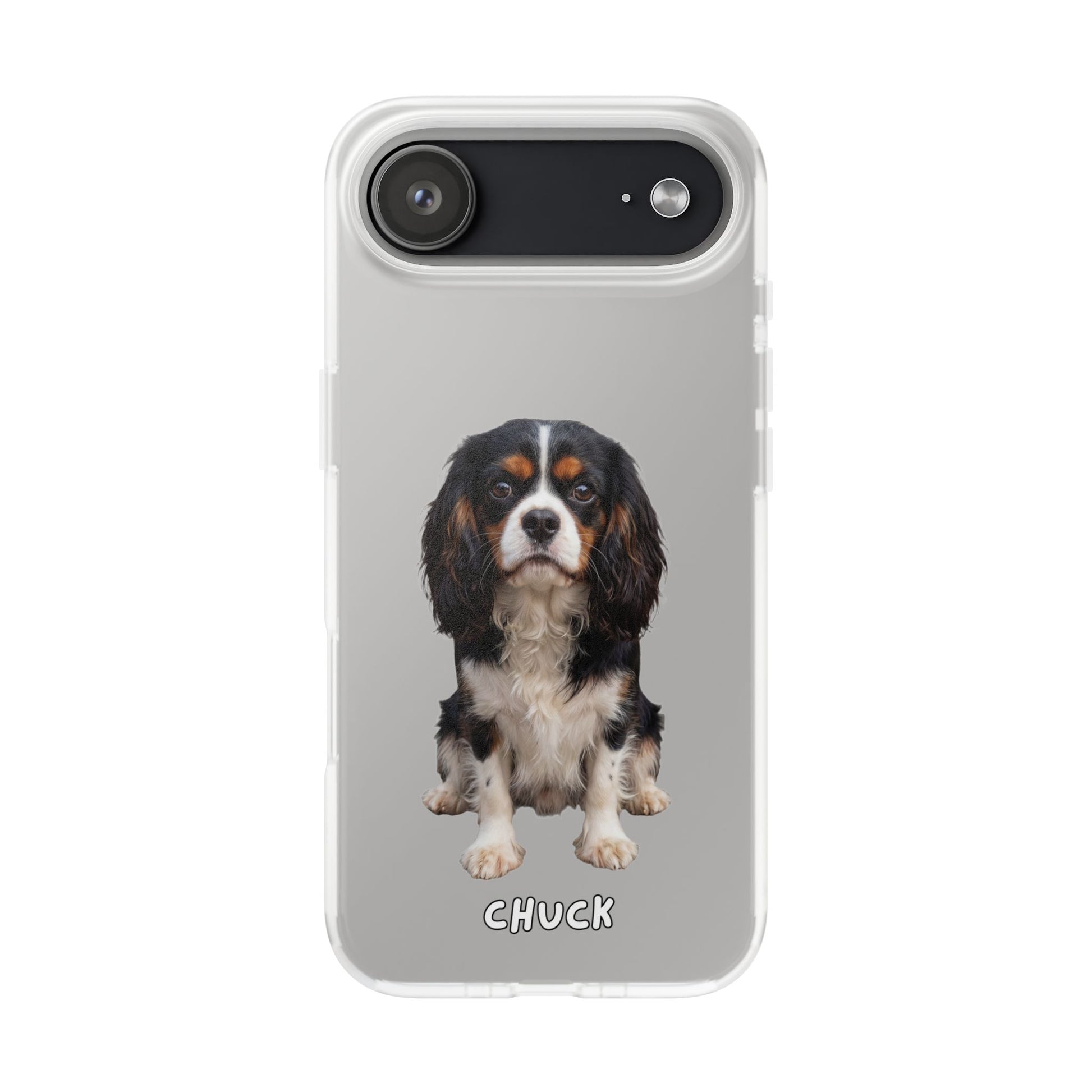Phone case for iPhone 17 Air with a dog illustration and name 'Chuck.' We design unique scenes for you and your non-human family.