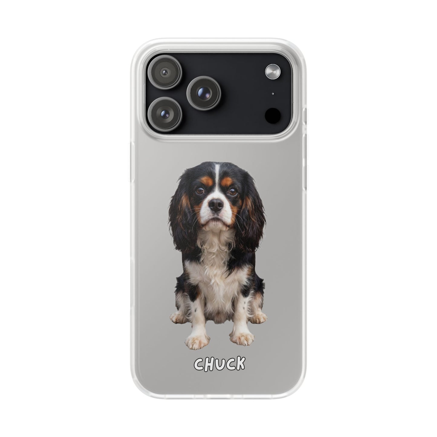 Phone case for iPhone 17 Pro Max with a dog illustration and its name 'Chuck' below, as an example, on a transparent background. We will design a unique image for you. 