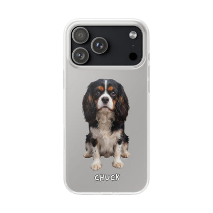 Phone case for iPhone 17 Pro Max with a dog illustration and its name 'Chuck' below, as an example, on a transparent background. We will design a unique image for you. 