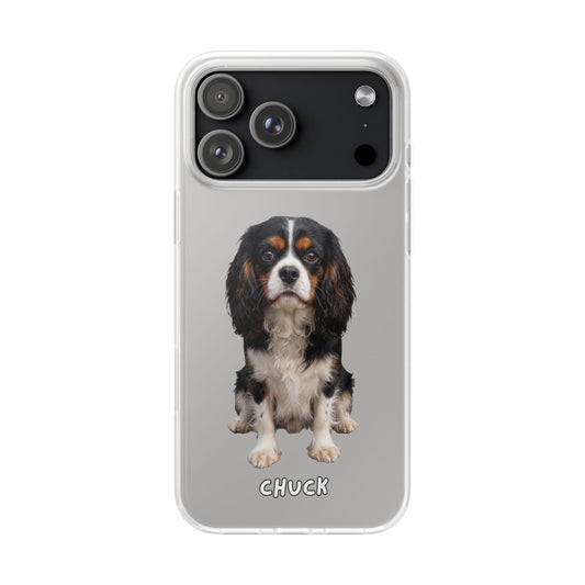 Phone case for iPhone 17 Pro Max with a dog illustration and its name 'Chuck' below, as an example, on a transparent background. We will design a unique image for you. 
