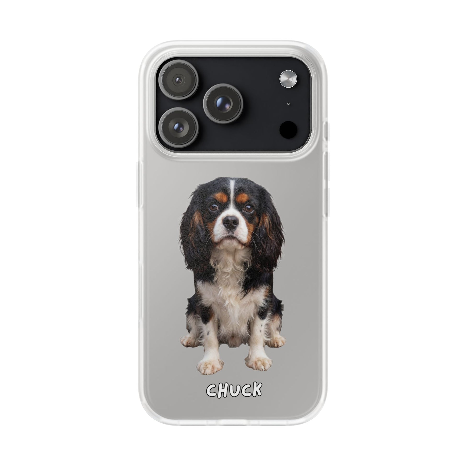 Phone case for iPhone 17 Pro with a dog illustration and name 'Chuck.' We design unique scenes for you and your non-human family.
