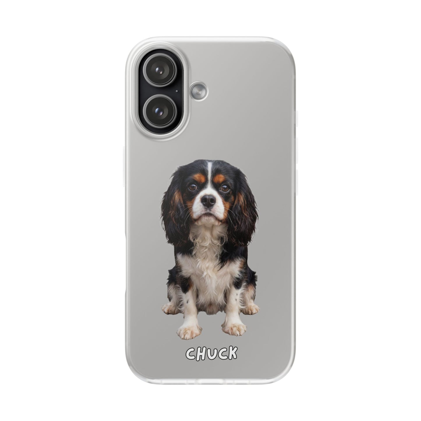 Phone case for iPhone 17 with a dog illustration and name 'Chuck.' We design unique scenes for you and your non-human family.