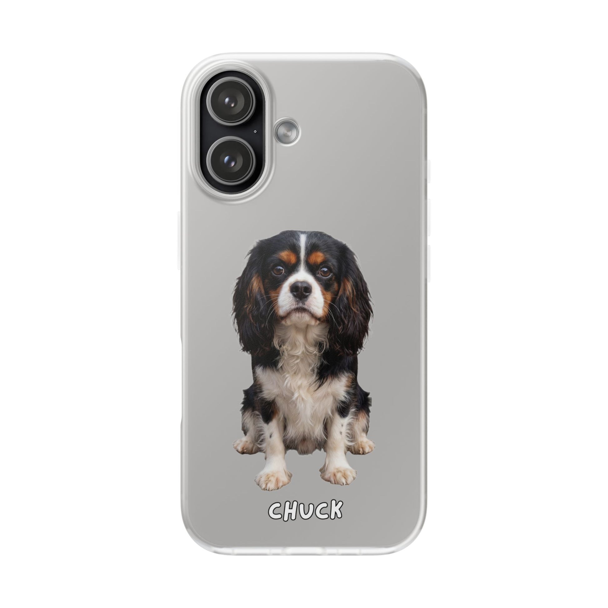 Phone case for iPhone 17 with a dog illustration and name 'Chuck.' We design unique scenes for you and your non-human family.