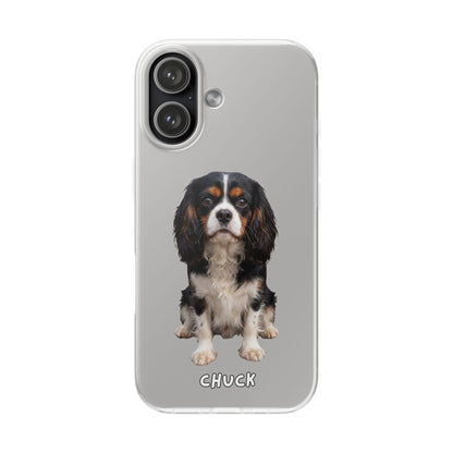 Phone case for iPhone 17 with a dog illustration and name 'Chuck.' We design unique scenes for you and your non-human family.