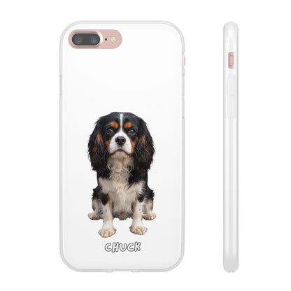 Phone case for iPhone 7 Plus with a dog illustration and name 'Chuck.' We design unique scenes for you and your non-human family.
