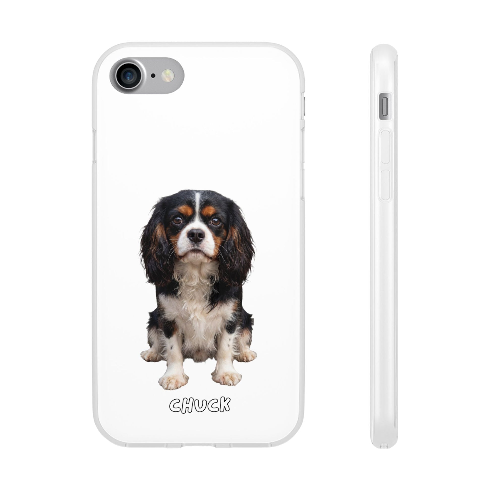 Phone case for iPhone 7 with a dog illustration and name 'Chuck.' We design unique scenes for you and your non-human family.