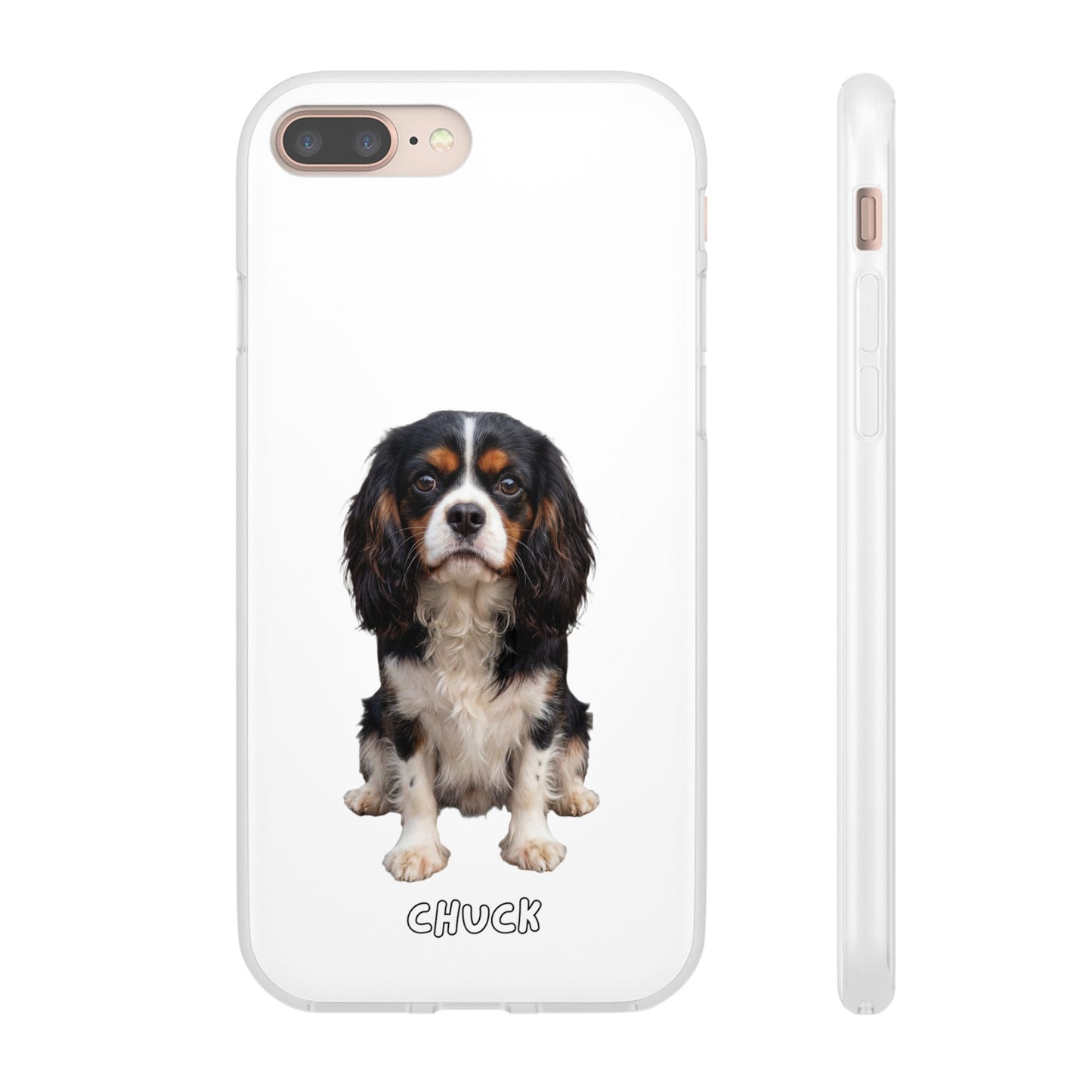 Phone case for iPhone 8 Plus with a dog illustration and name 'Chuck.' We design unique scenes for you and your non-human family.