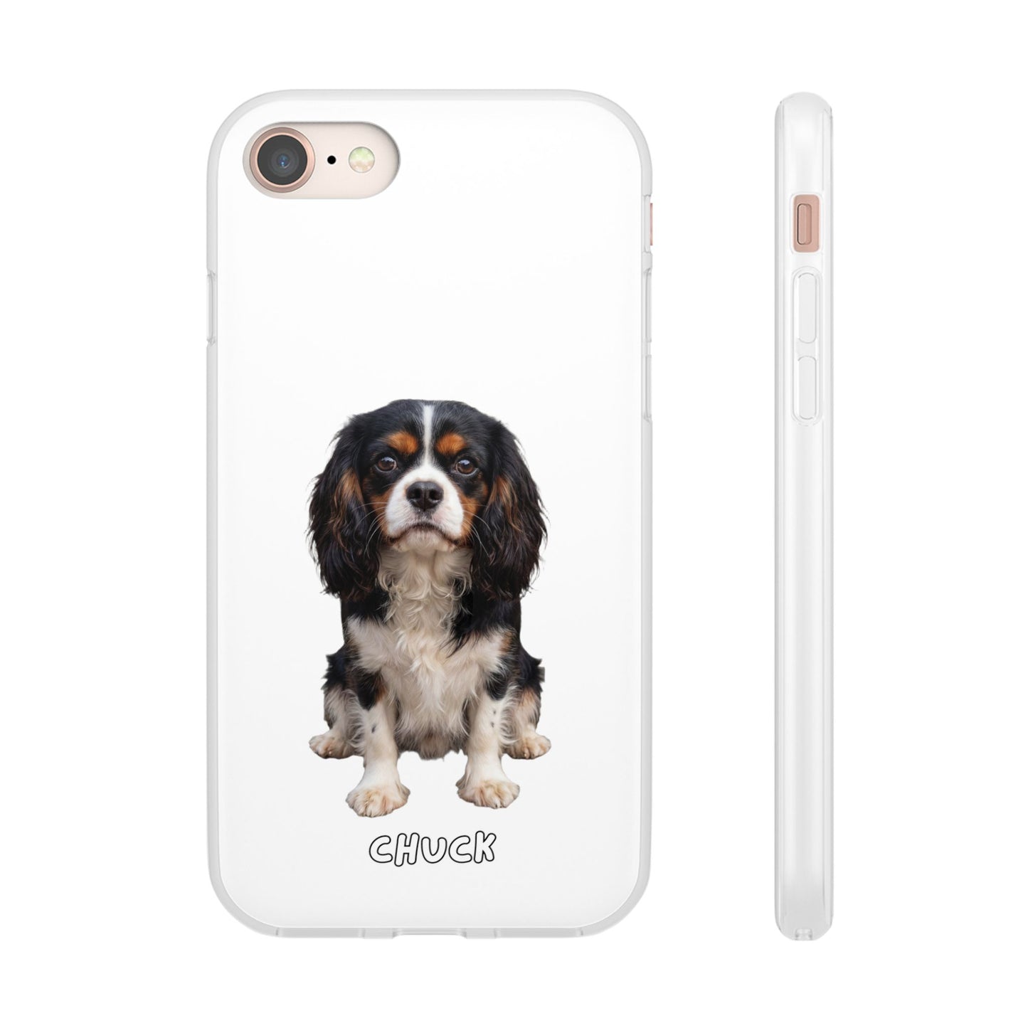 Phone case for iPhone 8 with a dog illustration and name 'Chuck.' We design unique scenes for you and your non-human family.