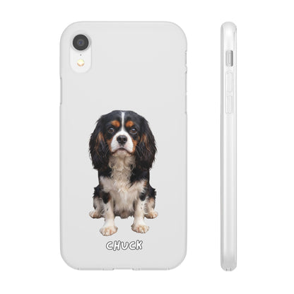 Phone case for iPhone XR with a dog illustration and name 'Chuck.' We design unique scenes for you and your non-human family.