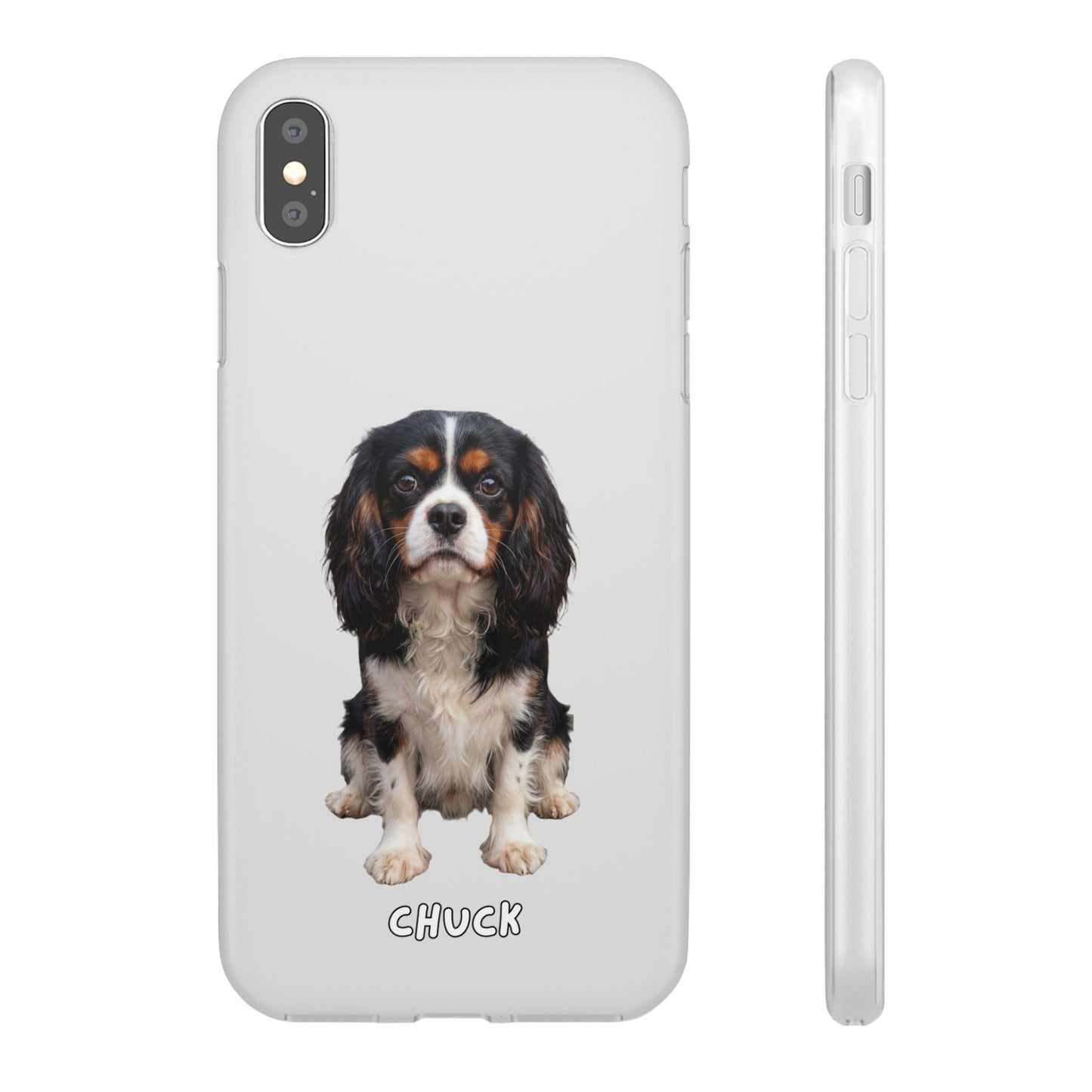 Phone case for iPhone XS Max with a dog illustration and name 'Chuck.' We design unique scenes for you and your non-human family.