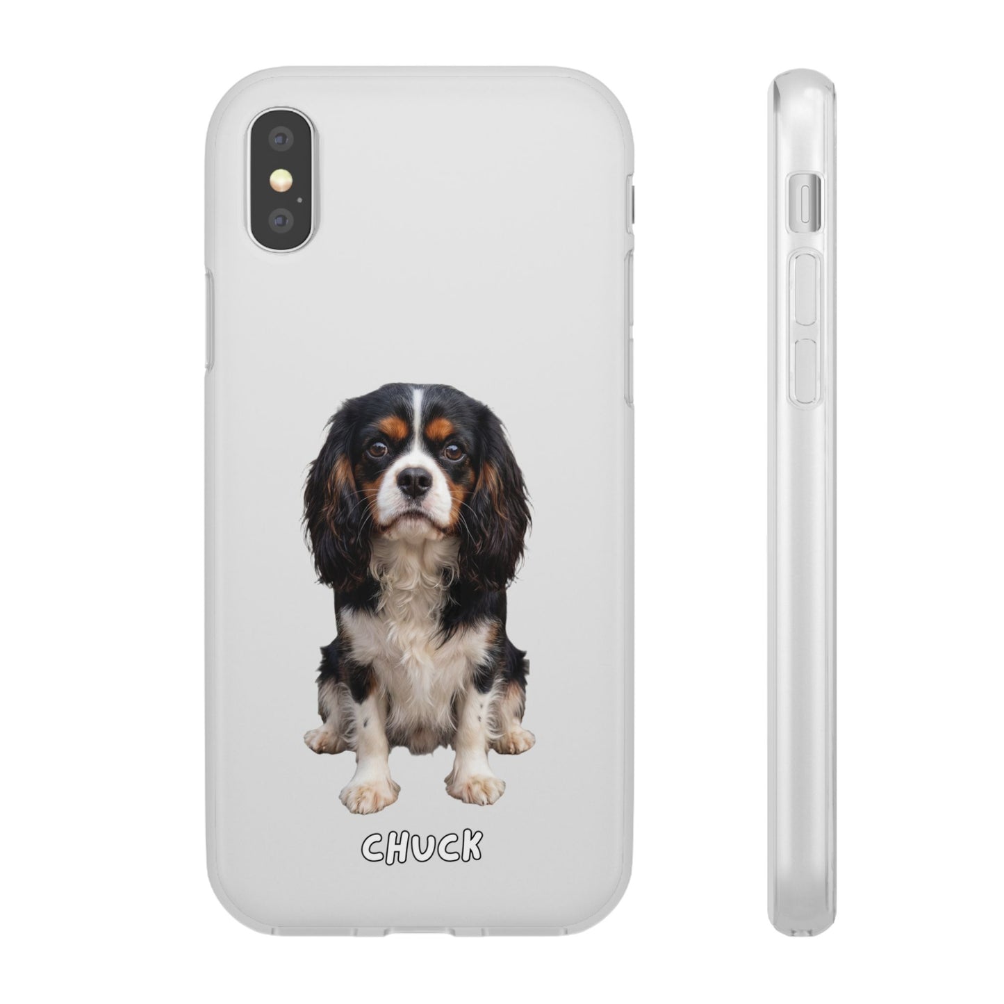 Phone case for iPhone XS with a dog illustration and name 'Chuck.' We design unique scenes for you and your non-human family.