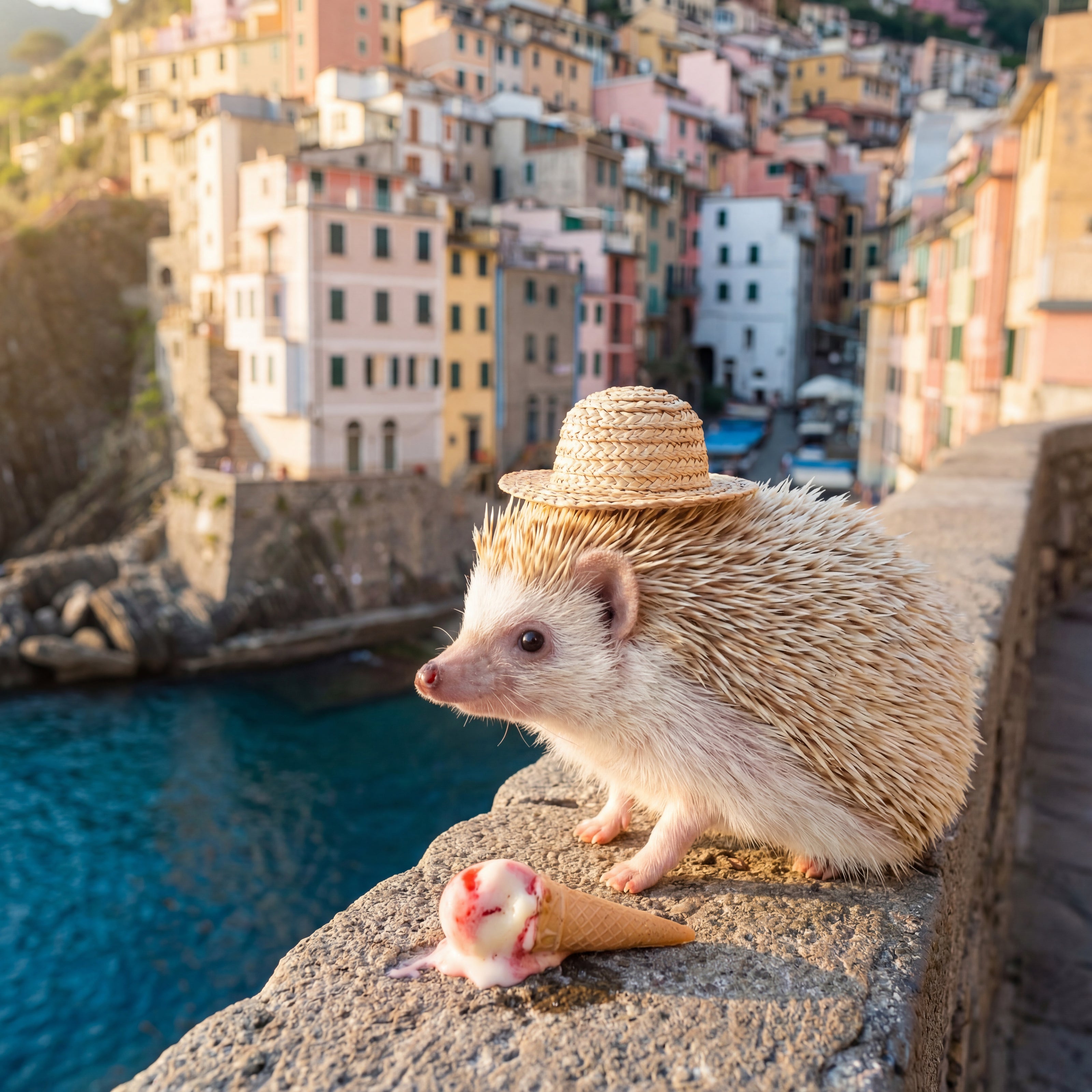 Bespoke pet art scene of a hedgehog in a straw hat with an ice cream cone, set against the colorful backdrop of Manarola in Cinque Terre, Italy. This personalized example illustrates how Pawesome Petz transforms photos into high-quality, meaningful treasures for the proud parent and their non-human family.