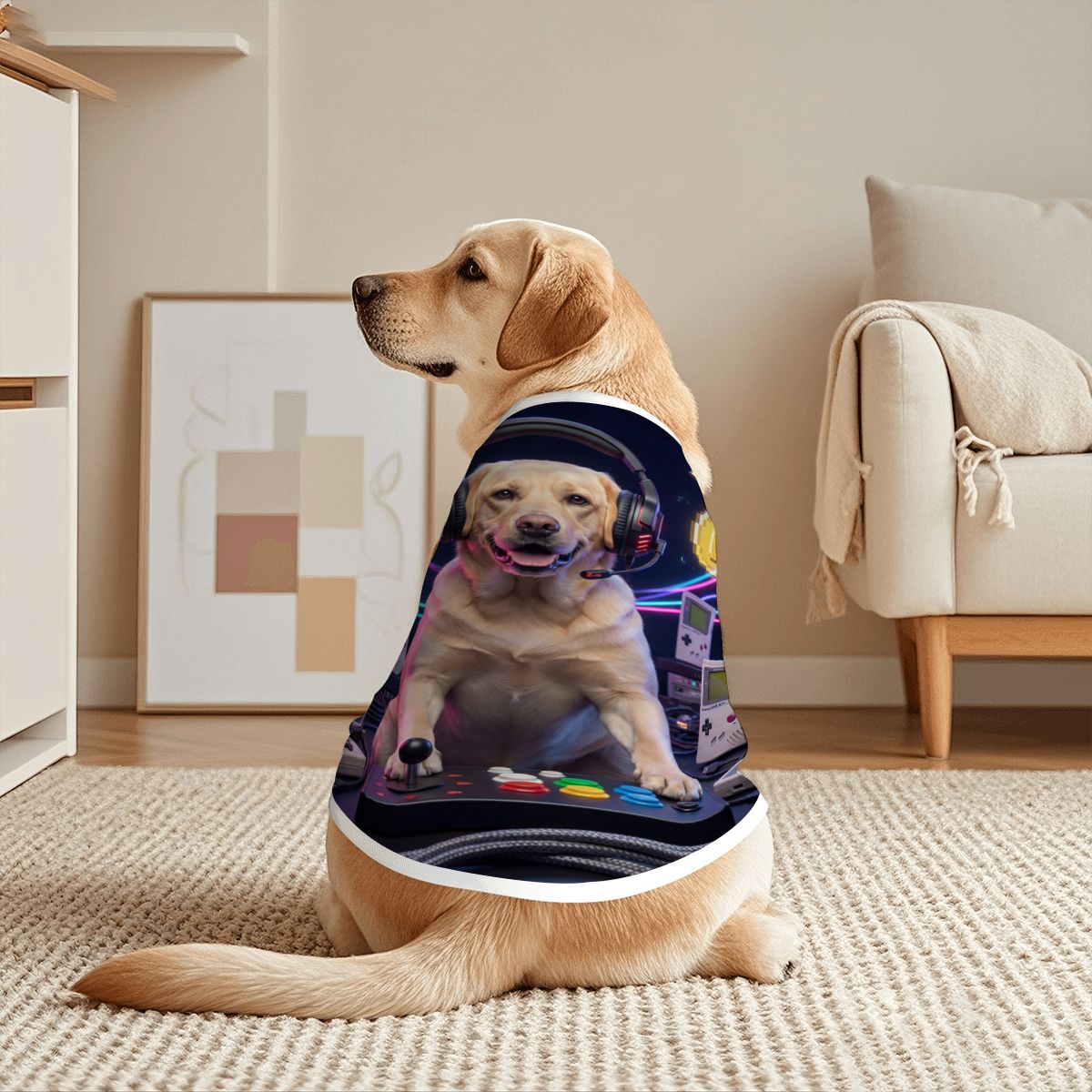 Bespoke large dog cotton tank top with an all-over print featuring an example 'gamer' dog scene. We transform your pet's photo into a unique, meaningful scene for the proud parent and their non-human family.