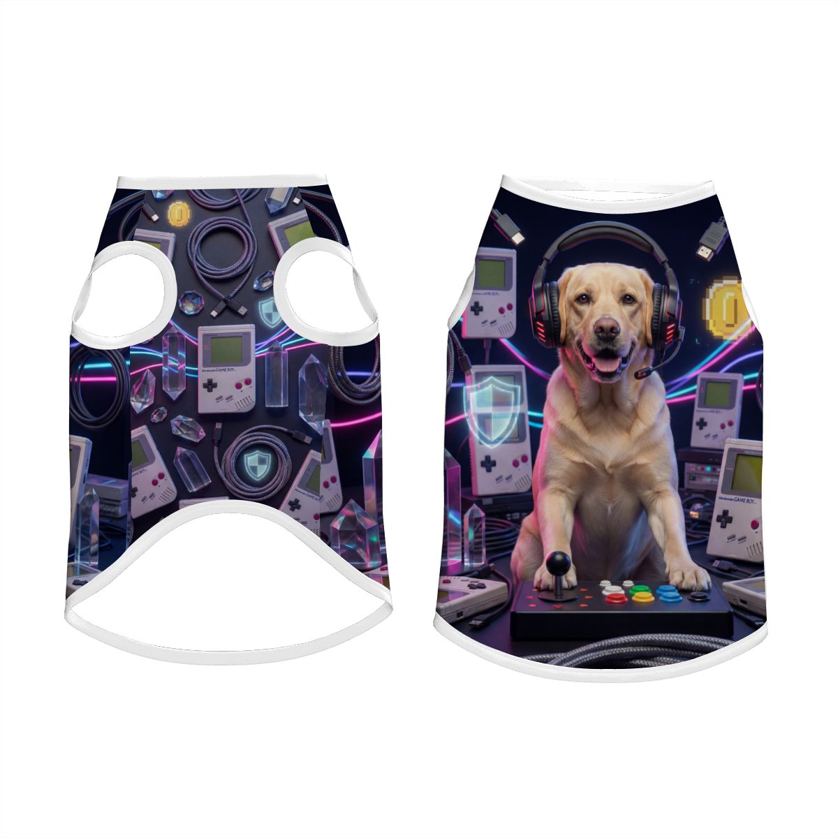 Flat layout of the all-over print large dog cotton tank top showing the seamless front and back bespoke design. A high-quality personalized gift designed for the proud pet parent and their fur baby.