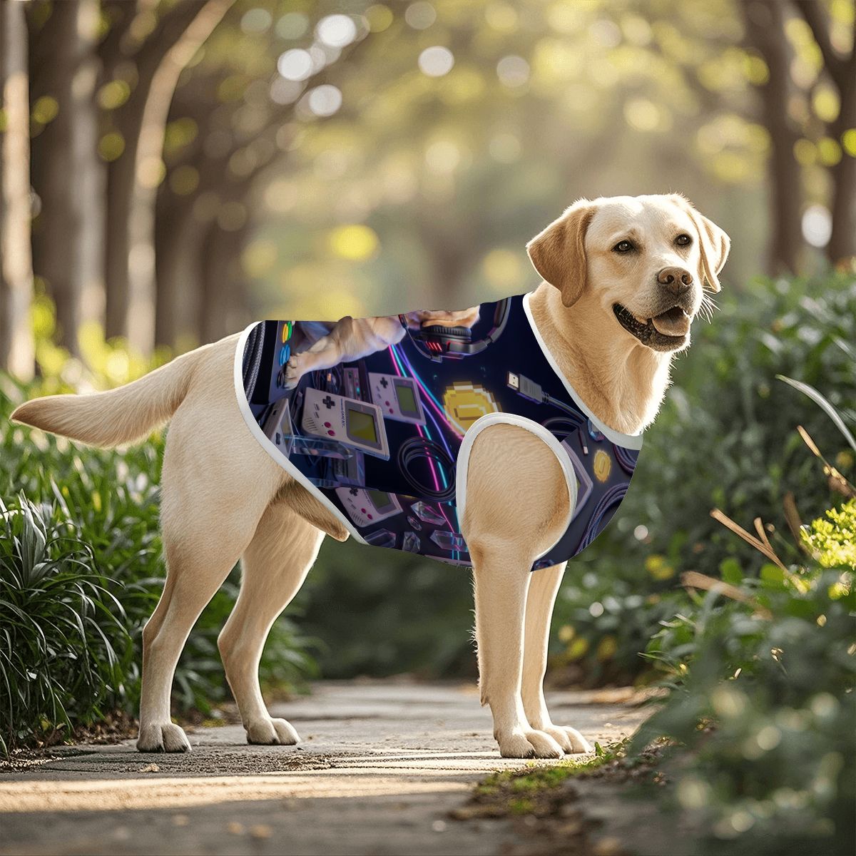 Bespoke pet art tank top for large dogs shown in an outdoor setting. High-quality, personalized apparel designed specifically for the devoted parent and their cherished family pet.