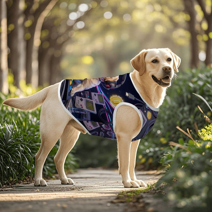 Bespoke pet art tank top for large dogs shown in an outdoor setting. High-quality, personalized apparel designed specifically for the devoted parent and their cherished family pet.