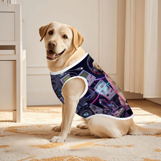 Custom-printed large dog tank top worn by a Labrador to show the vibrant, all-over bespoke design. An example of a personally designed meaningful scene brought to life for your non-human family member.